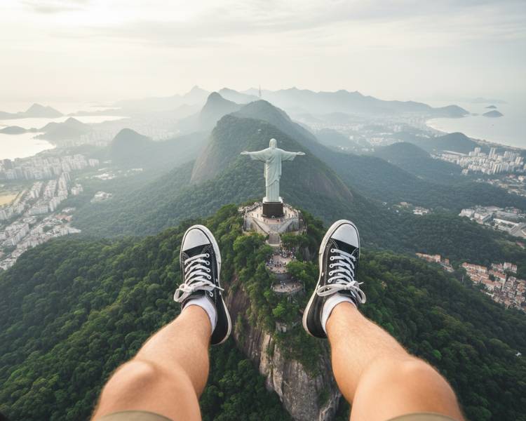 Homem fazendo passeio de helicóptero sem portas no Rio de Janeiro.