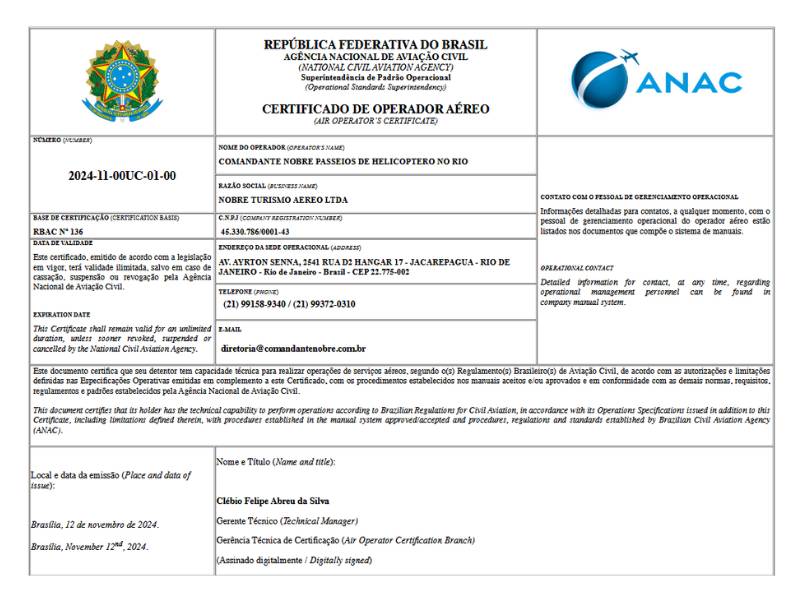 Certificado de Operador Aéreo - COA - Comandante Nobre.